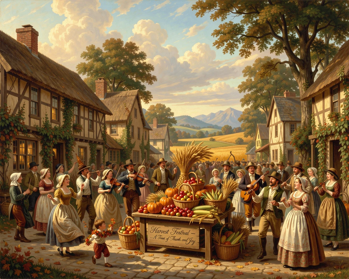 Villagers celebrate the harvest with a festival in the town square.