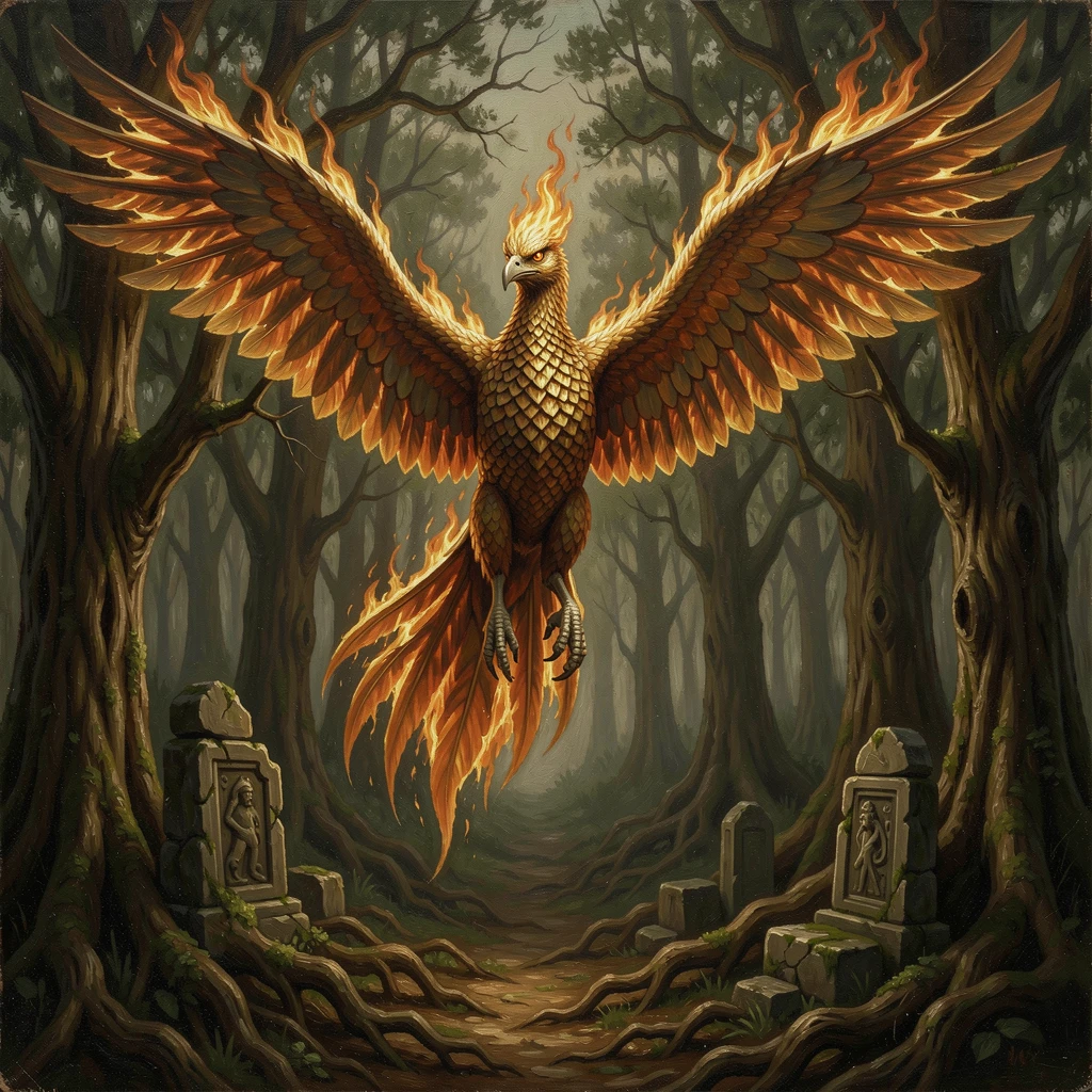 A majestic phoenix rising in flame and light above a dark forest, with intricate textures on armor, scales, or ancient stone, blending fantasy imagination with striking photorealistic detail