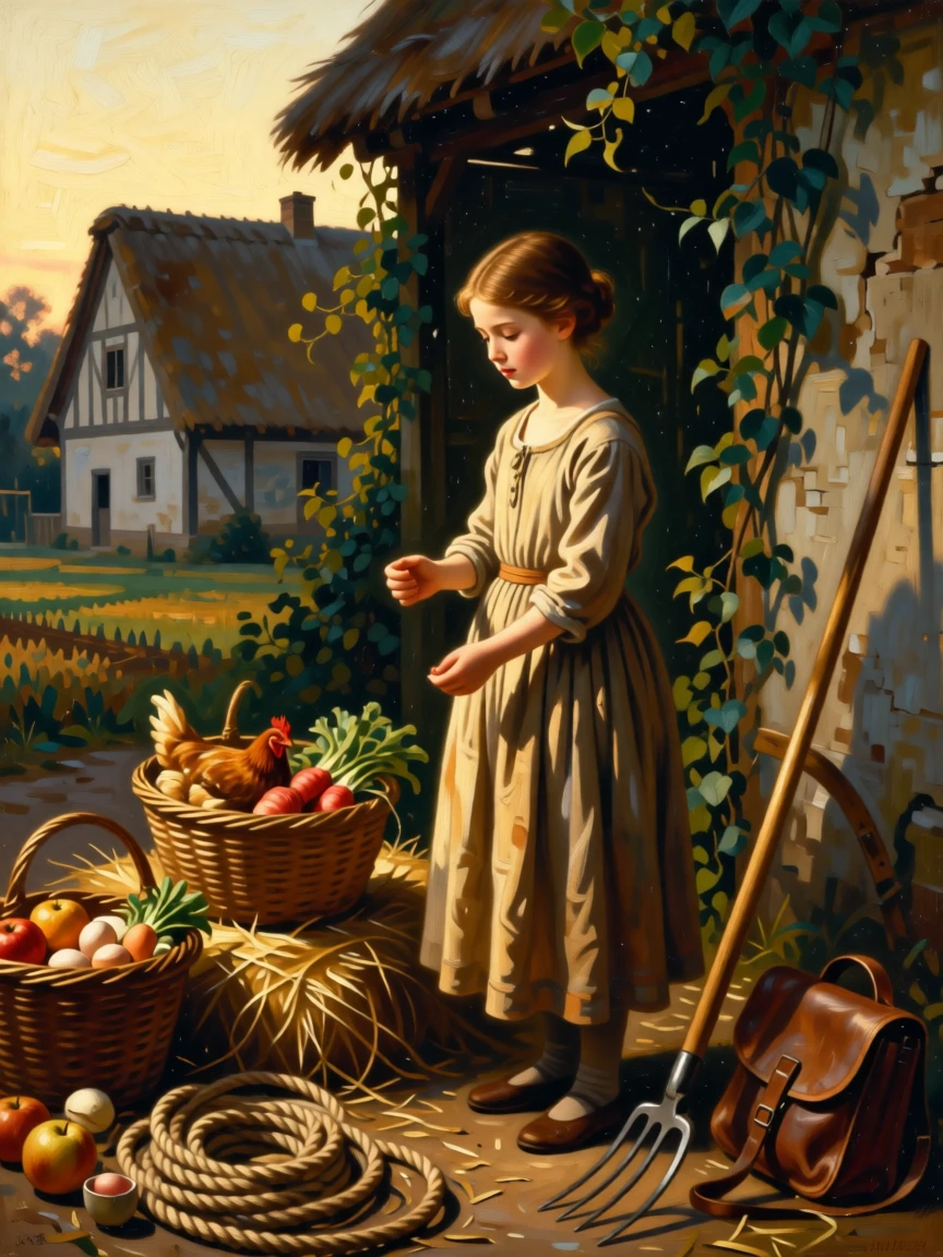 A young girl feeding chickens in a sunlit farmyard at the gentle heart of a simple daily ritual, set within a sunlit rural village at the start of a new day, with baskets of produce, coils of rope, and tools of an honest trade; the composition finds quiet monumentality in an everyday gesture, capturing the timeless rhythm of rural and village life.