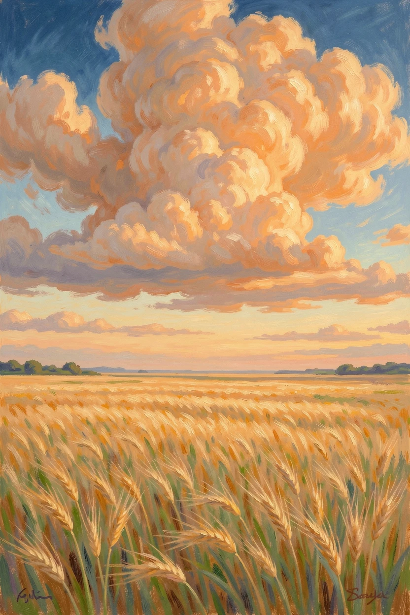 A dramatic sky filled with mammatus clouds glowing orange above a golden wheat field at sunset, evoking timeless charm and quiet elegance.
