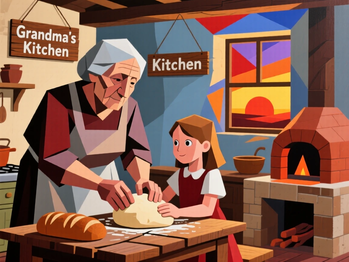 A grandmother teaching her granddaughter to bake bread in a cozy farmhouse kitchen at sunrise.