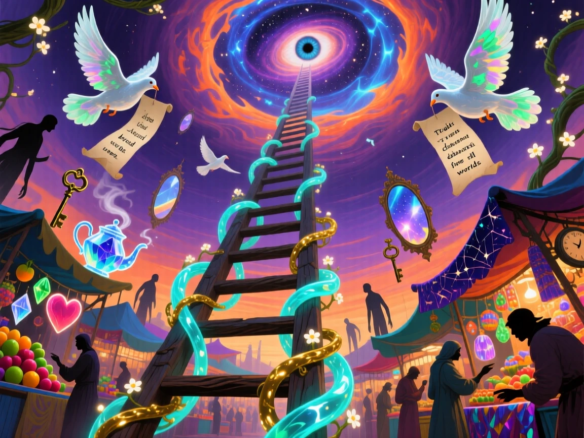 A marketplace built across the rungs of a giant ladder is slowly swallowed by climbing vines of light, and a spiral of doves circles above it.