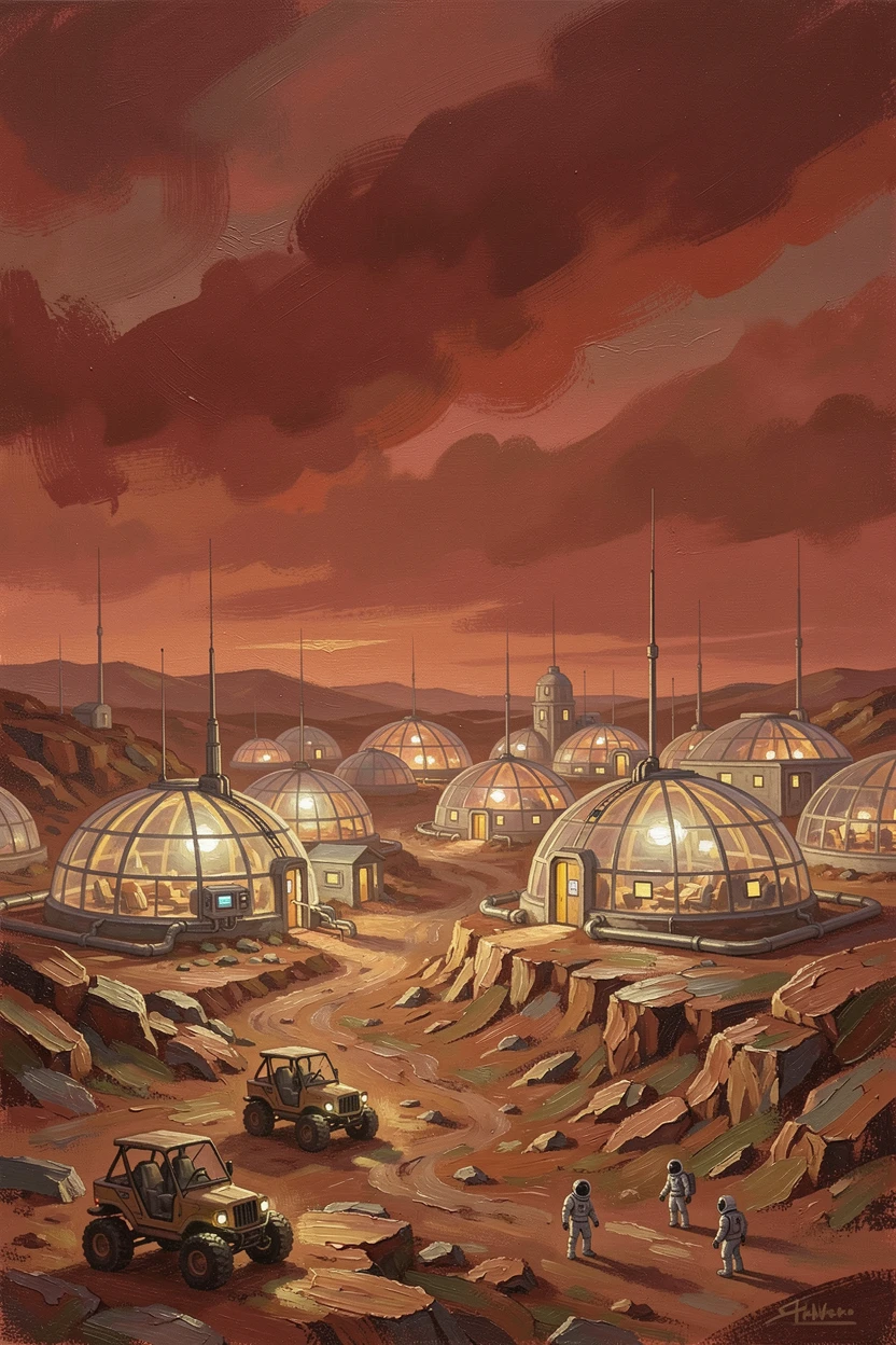 A terraformed Mars settlement glows with lights beneath a dusty red sky, greenhouse domes visible scattered across the rugged landscape, the scale of the scene emphasized by tiny details that suggest an entire hidden world beyond the frame.