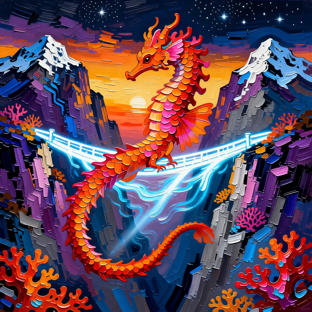 a coral-encrusted sea dragon crossing a bridge of light between two mountain peaks