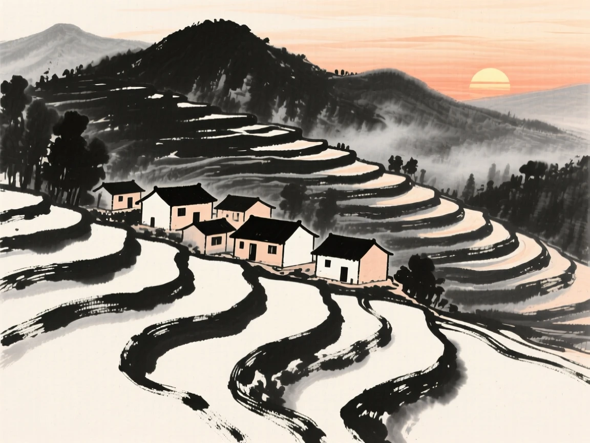 A small mountain village nestles among terraced rice fields, beneath the warm light of a setting sun.
