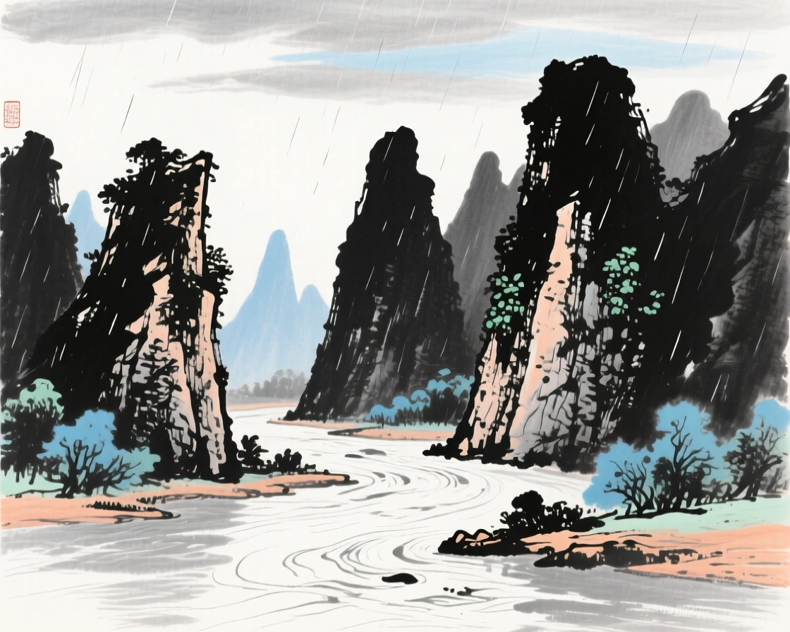 A range of jagged limestone karst peaks rising from a river, beneath a sky washed clean by rain.