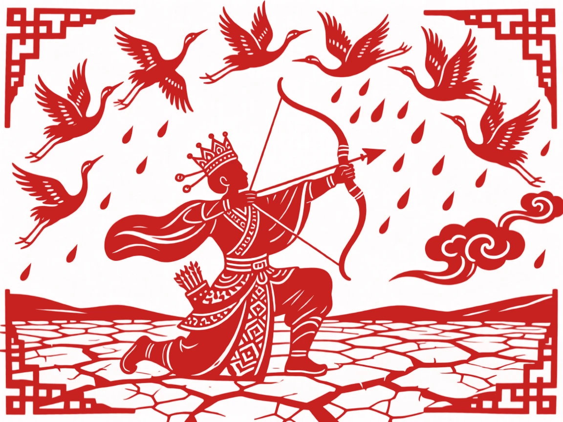 A celestial archer, summoning rain over a parched valley, as a flock of cranes circles overhead in reverence.