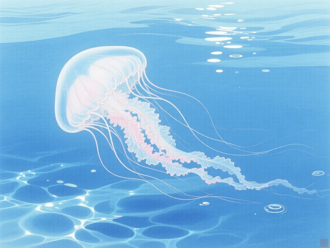 A jellyfish drifting in clear blue water in clear water dappled with sunlight