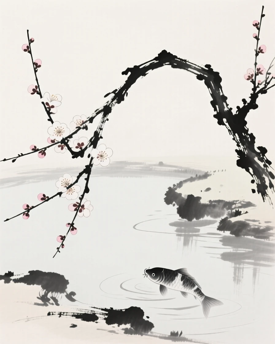 A single plum blossom branch beside a tranquil koi pond, composed with generous open space around it, suggesting patience, resilience, and quiet strength.
