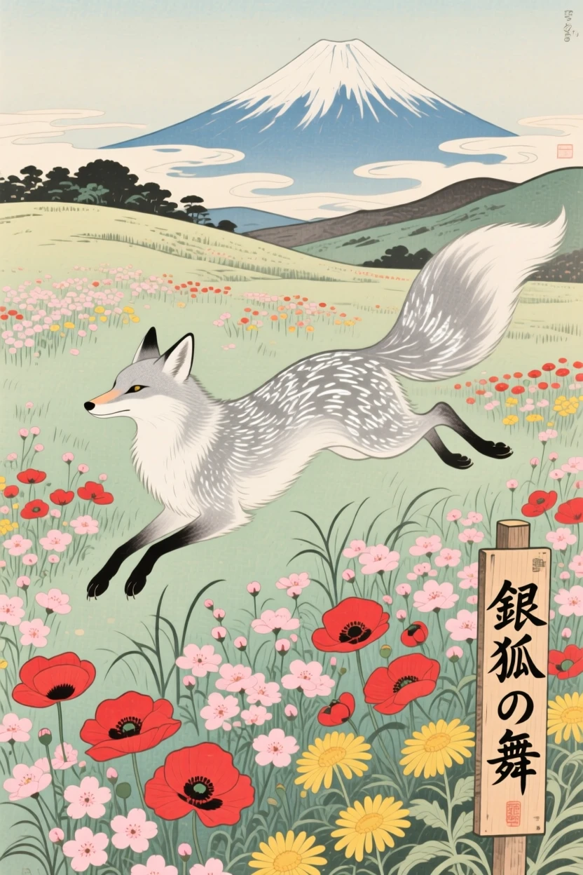 A silver fox drifting above a field of wildflowers.