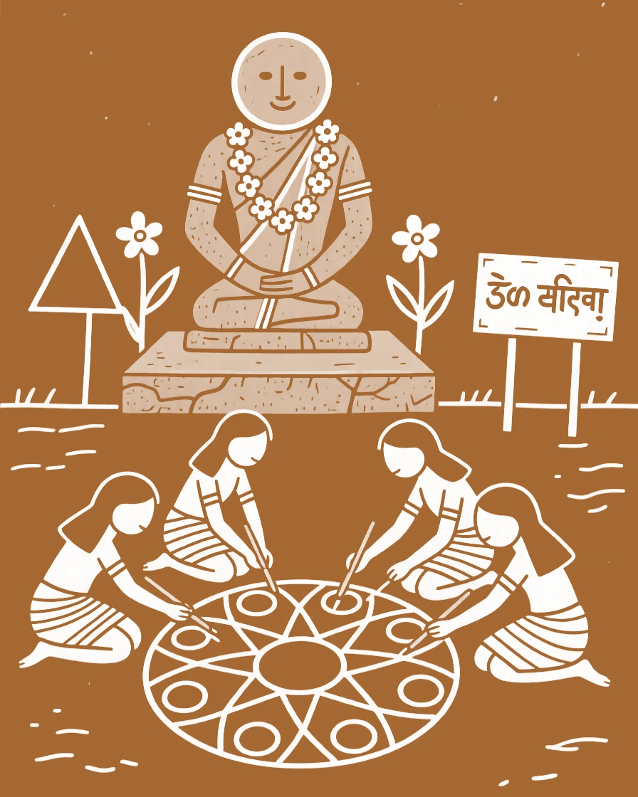 A group of women drawing a ritual pattern at their doorstep before a stone deity adorned with flowers.