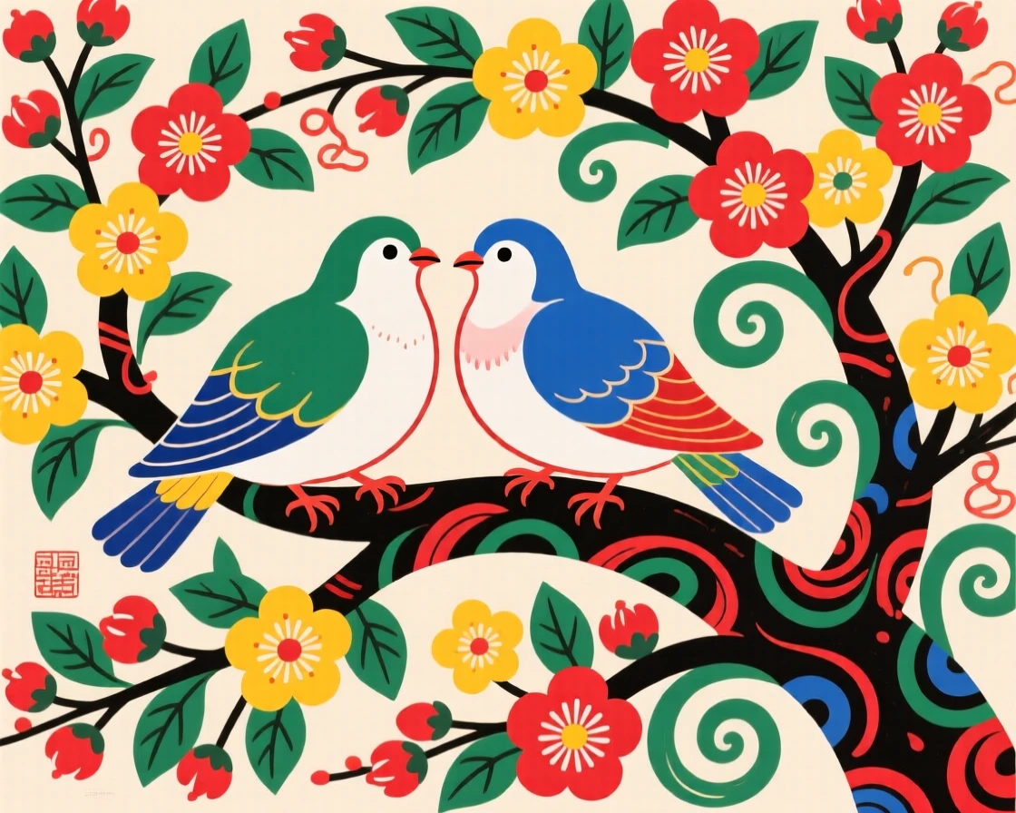 A pair of doves resting on a blossoming branch, symbolizing peace.
