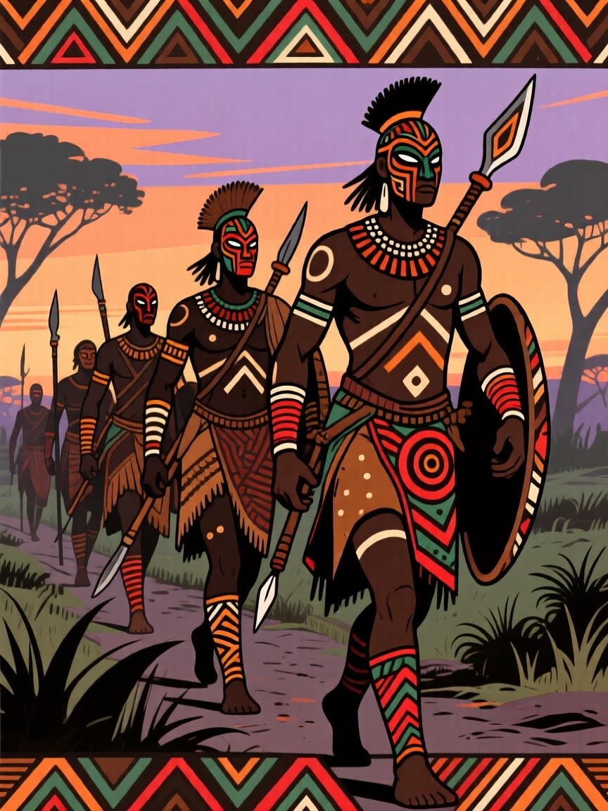 A group of warriors returning from the bush at dusk.