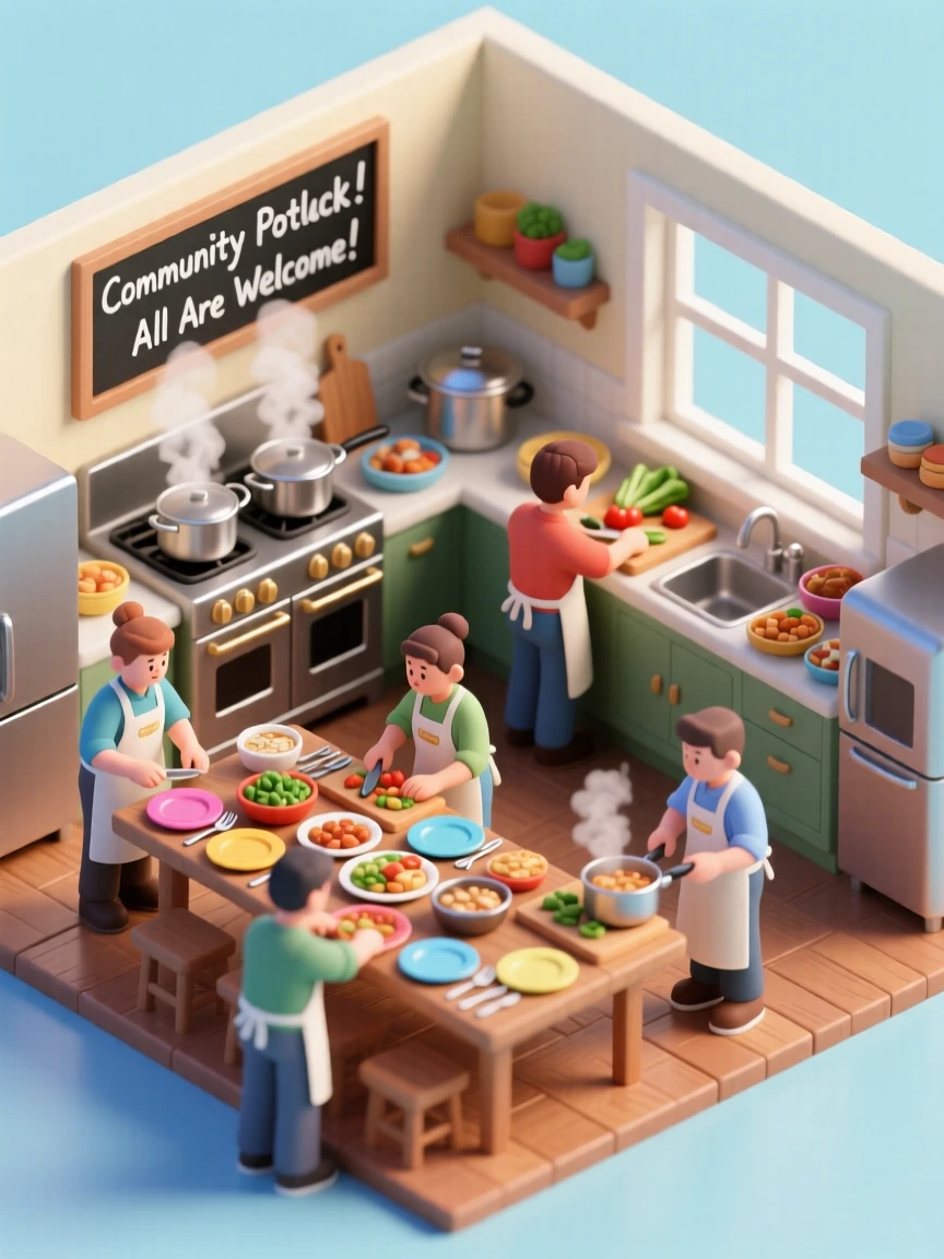 A cozy community center kitchen with volunteers preparing a potluck, steam rising from large pots, and tables being set.