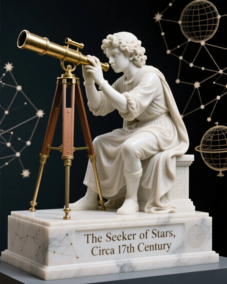 A beautifully composed image of a young astronomer gazing through a telescope, captured with cinematic depth and detail, full of atmosphere and visual storytelling