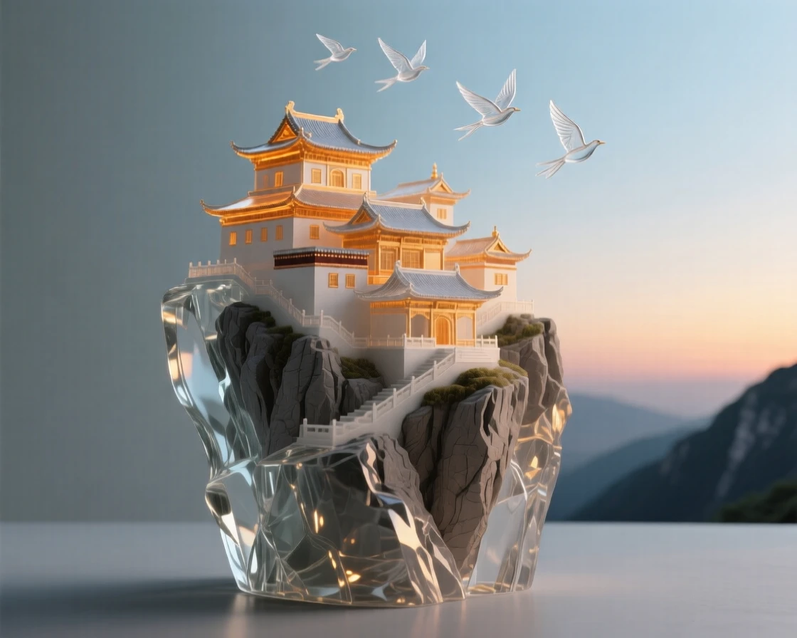 A mountain monastery clinging to the side of a steep cliff as the last light of day catches the surrounding rooftops, while a flock of birds wheels above the surrounding rooftops