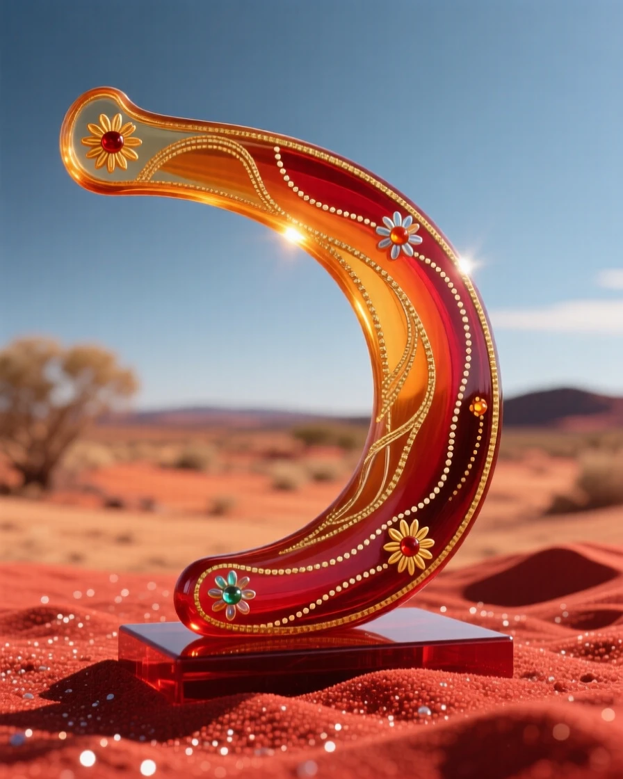 A traditional Australian boomerang resting on red outback sand, cultural and iconic.