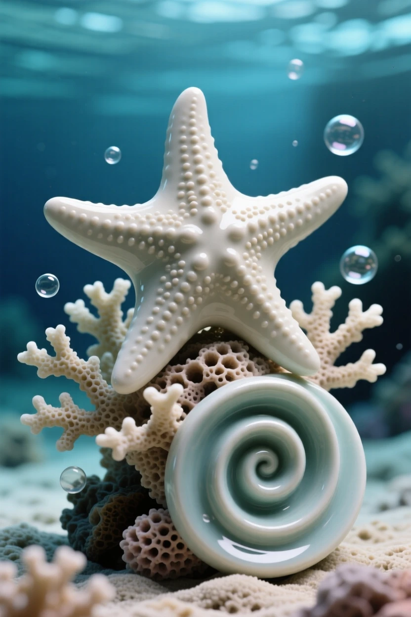 A starfish resting on a bed of coral gliding in a slow, elegant spiral, surrounded by drifting bubbles, evoking the vast serenity of the ocean.