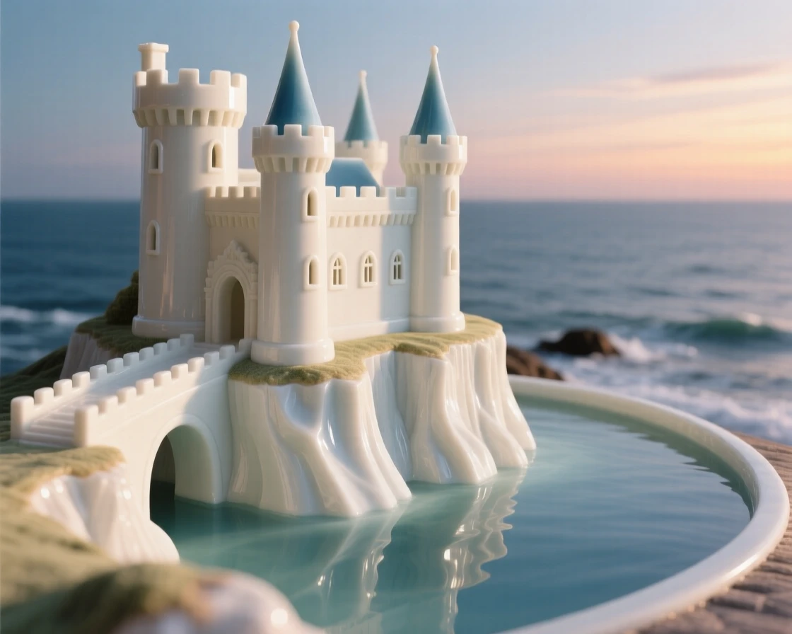 A moated castle perched on a dramatic sea cliff, its towers catching the last light of day.