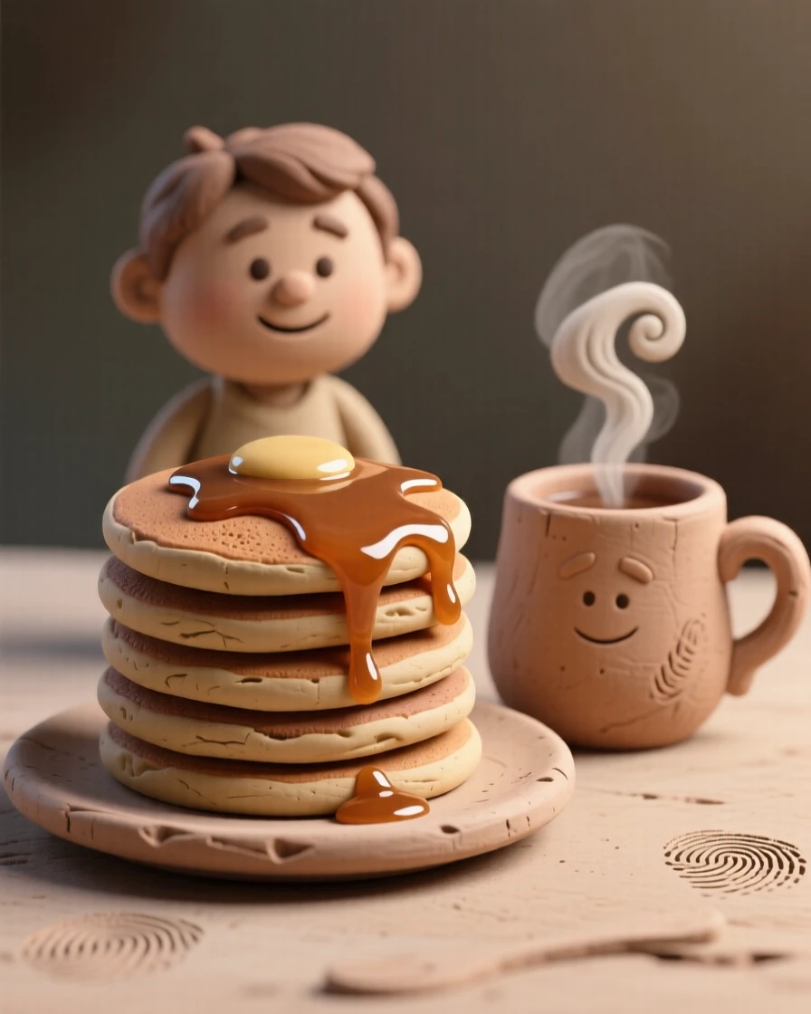 A stack of pancakes drizzled with syrup beside a steaming mug