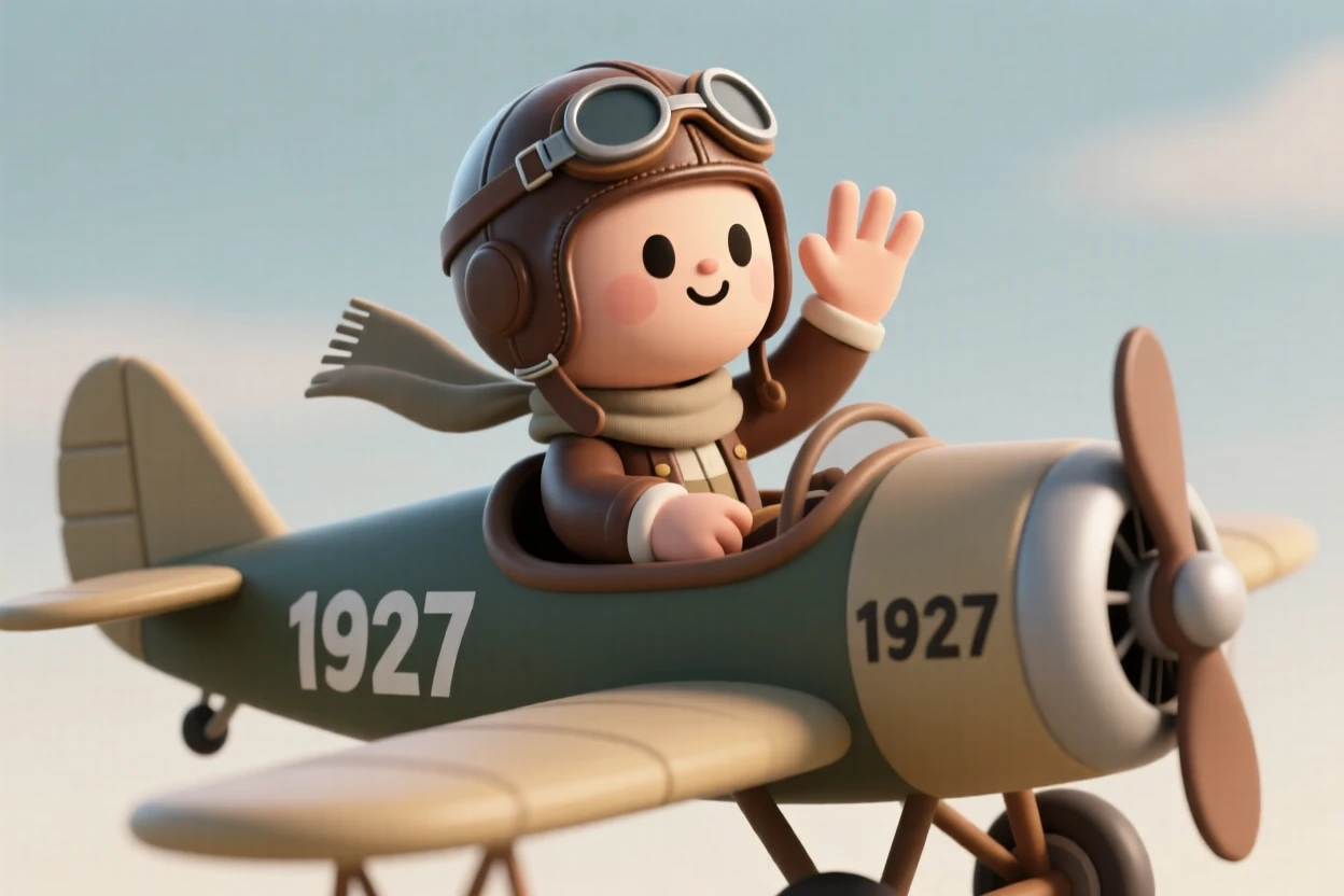 A determined 1920s aviator waves from the open cockpit of a biplane before a daring cross-country flight.
