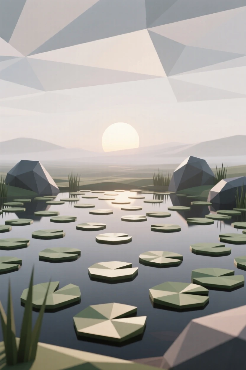 A quiet pond covered in lily pads, as the sun begins to rise. fine atmospheric haze adds depth to the distance. The scene feels vast and awe-inspiring.