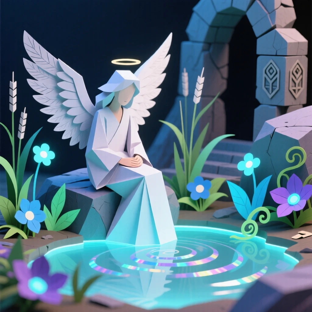 A winged messenger angel resting beside a glowing mystical lake, with luminescent plants lighting the surroundings, evoking ancient power and mystery.