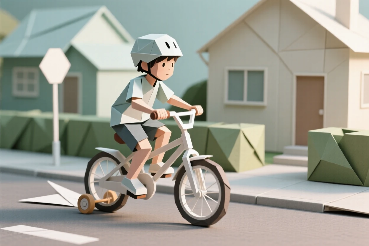 A child riding a bicycle with training wheels down a quiet suburban street.