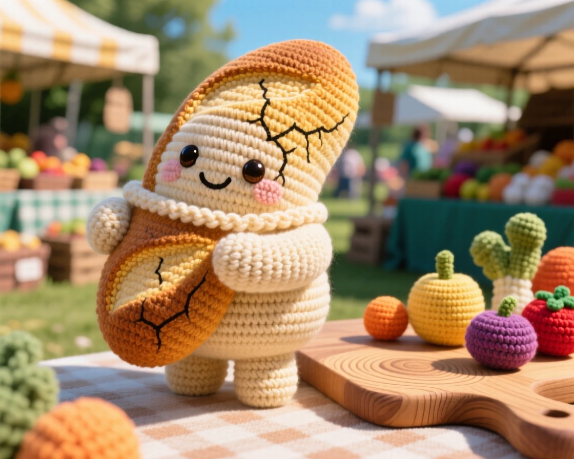 A delightful still-life of a plump baguette character with a crackled golden crust, tucked under one arm like a treasure within a sunny outdoor farmer's market stall; a rustic wooden serving board nearby, full of bright, appetizing cheerfulness.