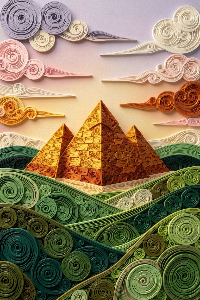 the pyramids of Giza glowing under a desert sunset, surrounded by rolling green hills, composed with the landmark as a striking central focal point, with delicate clouds streaked across the horizon.