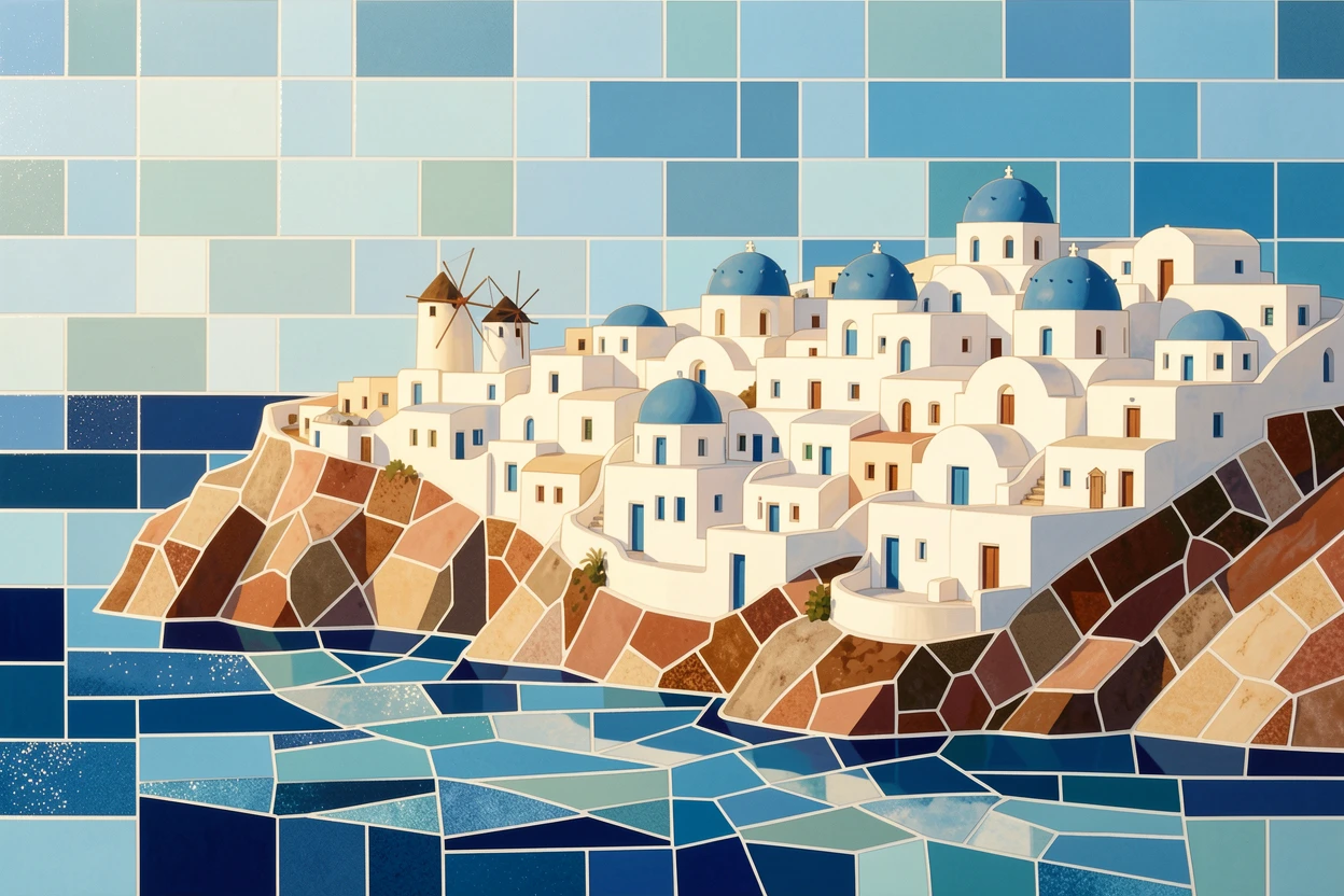 The whitewashed clifftop villages of Santorini overlooking the sea.