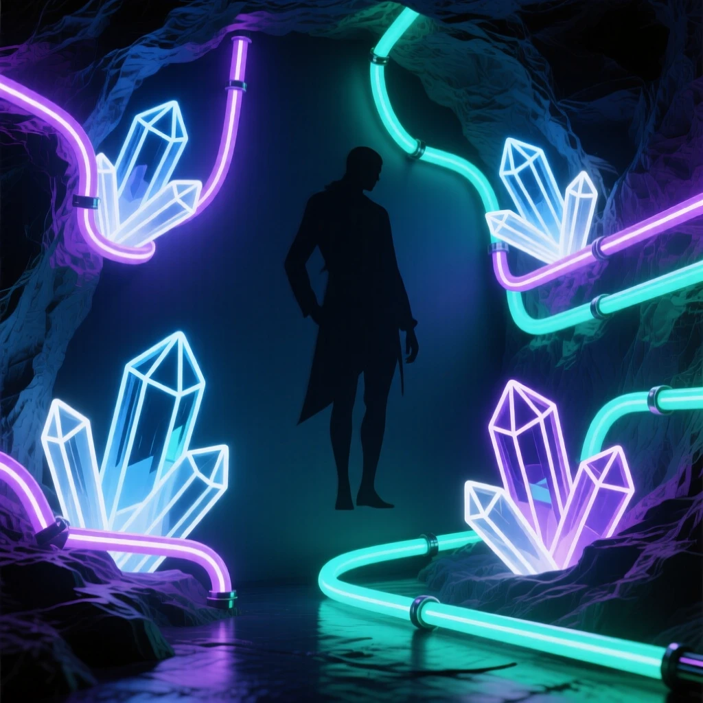 A cave whose walls are lined with clusters of glowing crystal formations.
