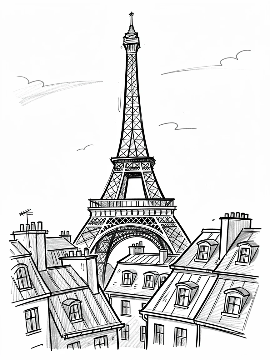 The Eiffel Tower rising above rooftops under a clear blue afternoon sky.