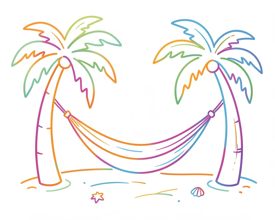 A hammock strung between two palm trees on a quiet tropical beach.