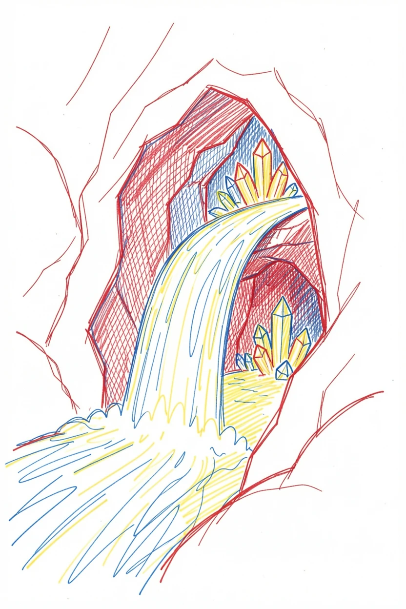 A hidden waterfall concealing the entrance to a glowing crystal cave