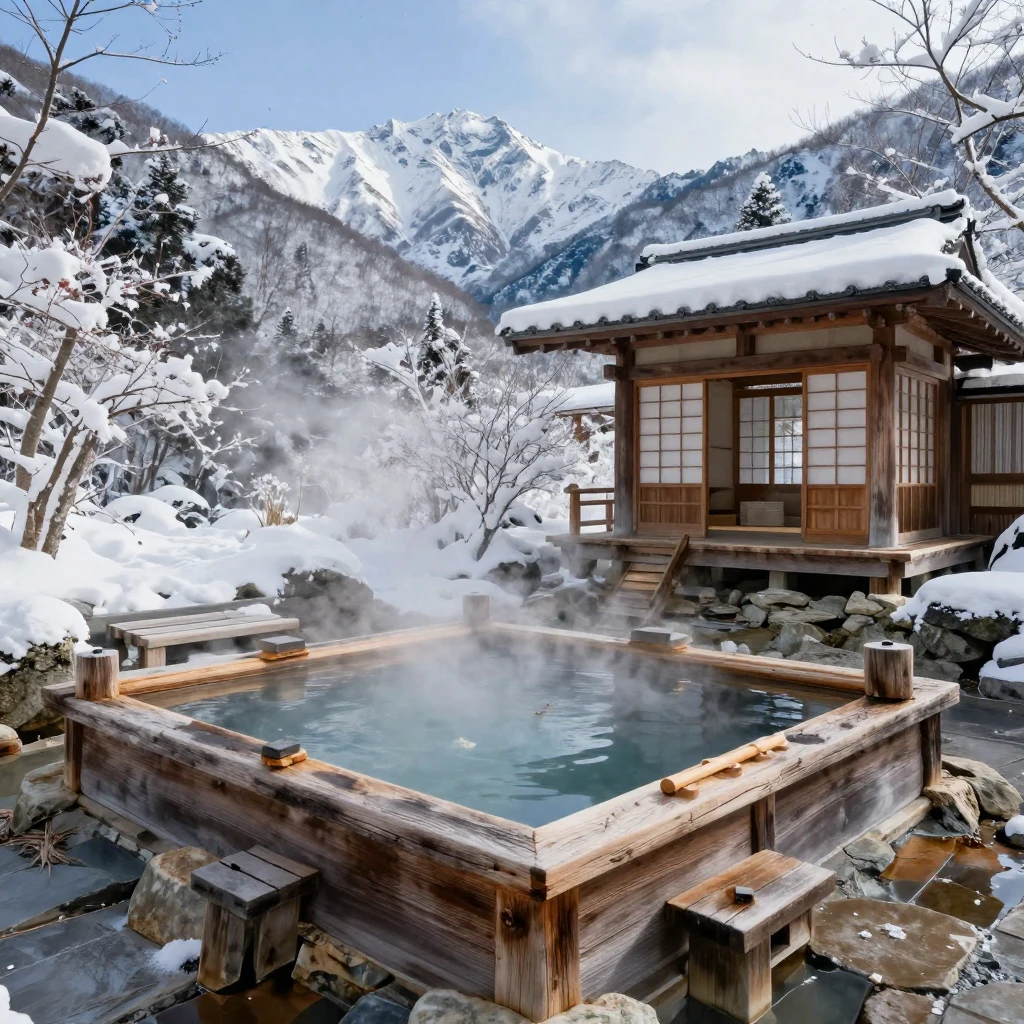 A traditional Japanese onsen steaming amid snowy mountains