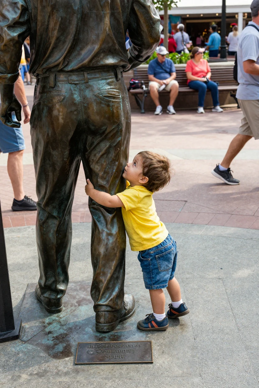 A toddler tries to hug a life-sized statue in a public plaza, arms barely reaching around it.