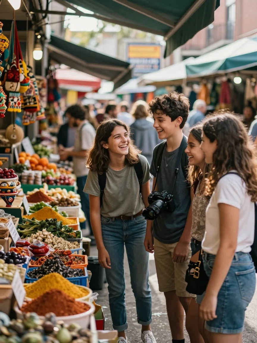 A group of cousins sharing a quiet laugh together in a bustling open-air market