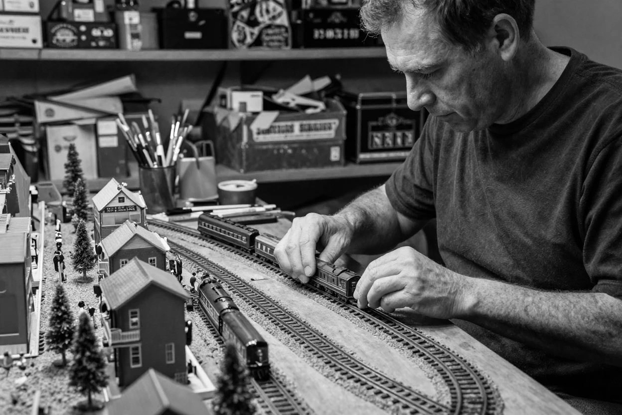A model train enthusiast arranges tiny tracks through a miniature town in a cluttered hobby room.