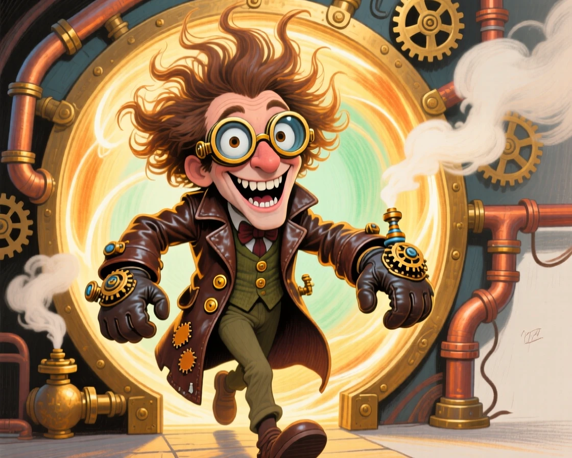 A time-traveling inventor stepping out of a glowing steampunk portal.
