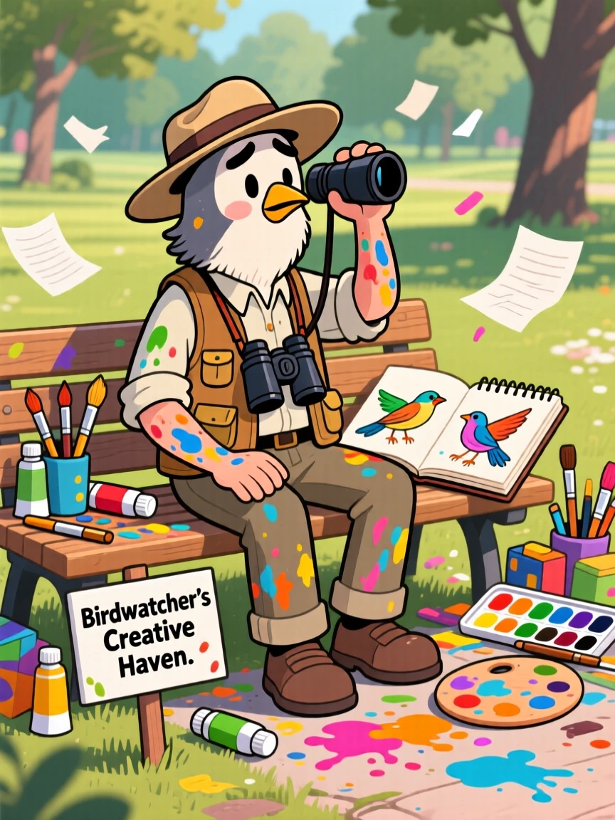 An everyday-life snapshot of a devoted birdwatcher, taking a well-deserved break, covered in the mess of creativity, surrounded by a delightful mess of supplies.