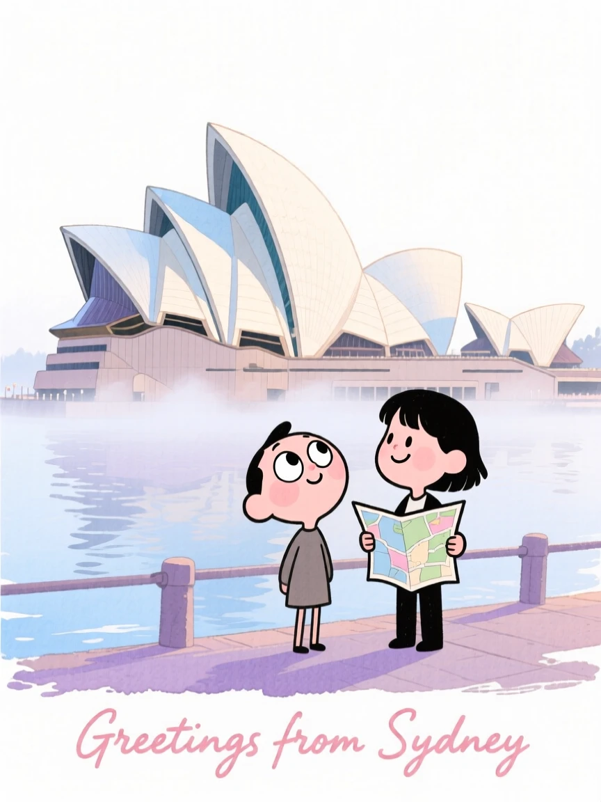 A dreamy travel postcard scene of the Sydney Opera House wrapped in gentle morning mist