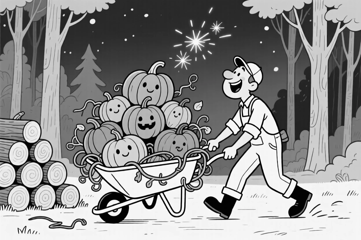 A gardener triumphantly wheelbarrowing a mountain of pumpkins, getting hopelessly wrapped up trying to fix the tangle, set beside a woodpile at the edge of the forest. Sparks drift upward into the night sky. The scene celebrates nature's simple, joyful surprises.