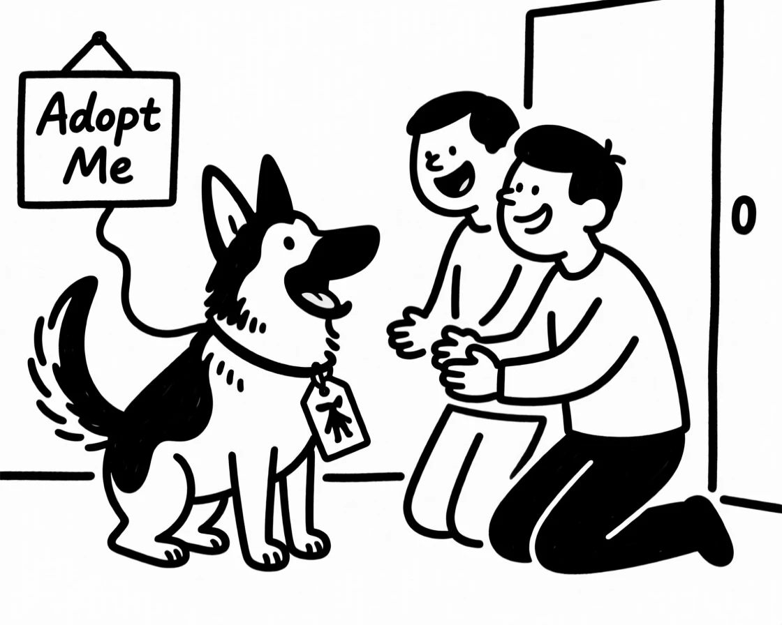 A german shepherd getting adopted from a shelter, tail wagging as a new family kneels to greet it.