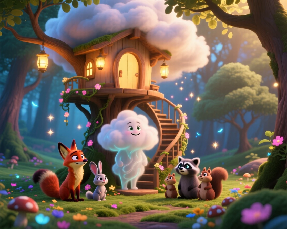 A cloud spirit stands inside a treehouse spiraling into the clouds, whispering to woodland creatures gathered nearby. A quiet magic hums softly throughout the scene, with tiny sparkles drifting through the air.