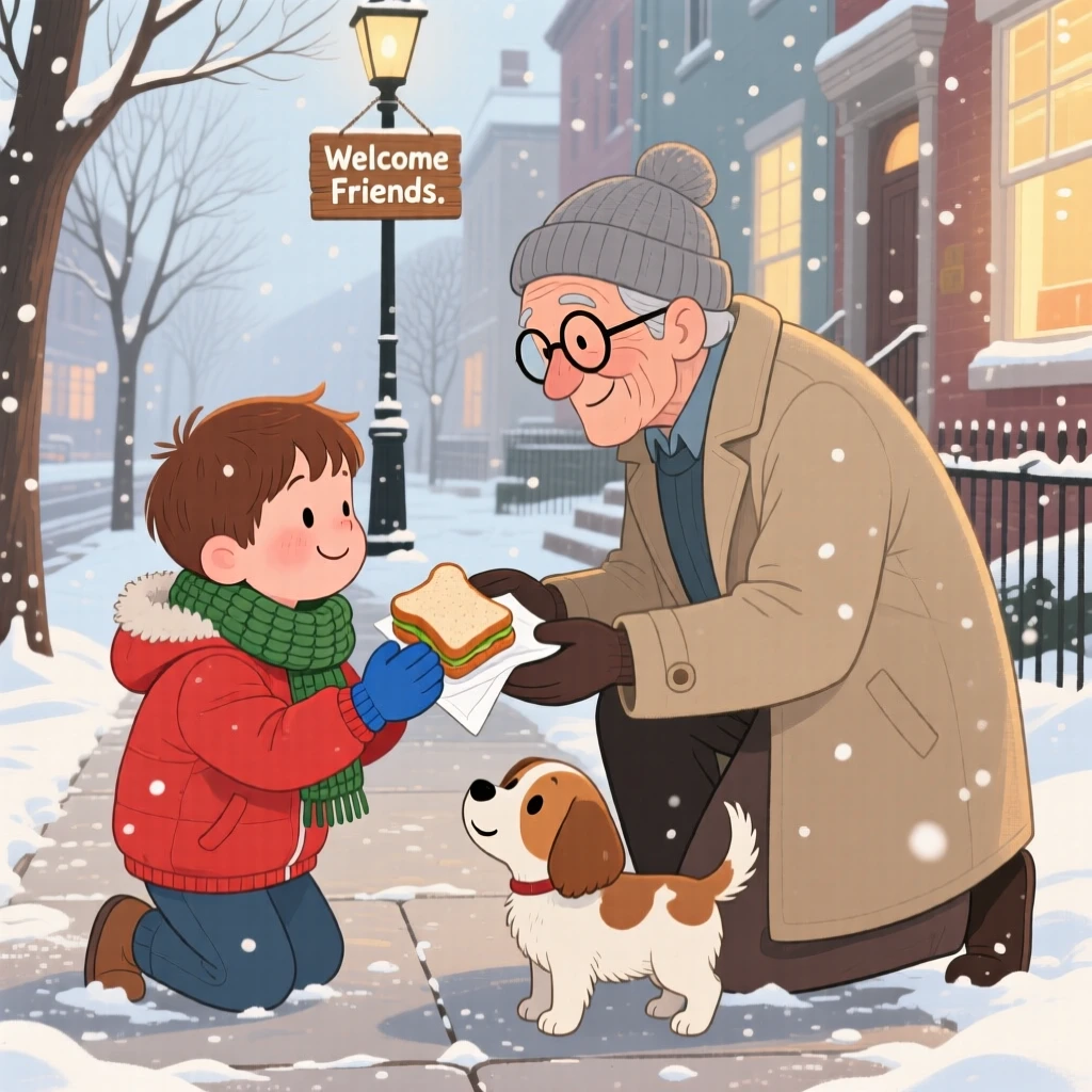 A boy and his grandfather share a tender moment offering half a sandwich to a new friend in a snowy sidewalk, as warm smiles are exchanged.