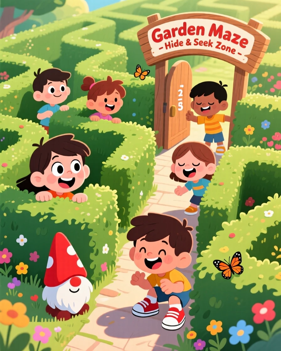 A group of kids playing hide and seek in a garden maze.
