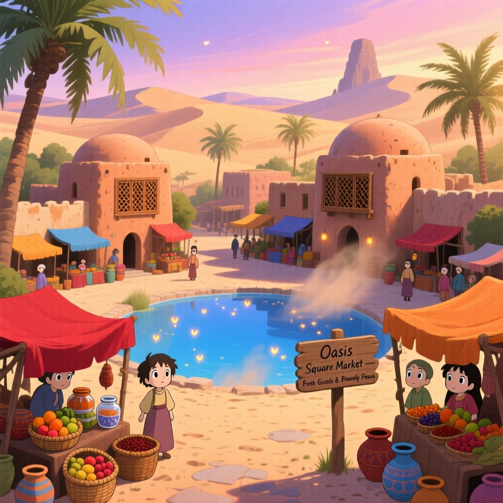 A scenic view of a desert oasis town with palm trees and clay buildings, as market stalls line the main square.