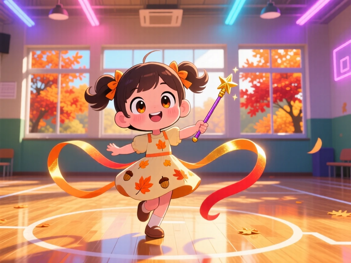Symmetrical front-on view of a small girl, twirling a ribbon wand in rhythmic dance, in a sunny gymnasium floor, during golden autumn harvest season, illuminated by neon-lit glow, radiating wide-eyed wonder.