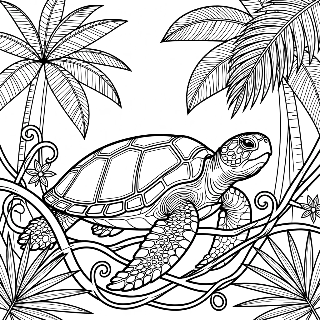A loggerhead sea turtle hidden among dense jungle vines, with dramatic feather detail catching the wind.